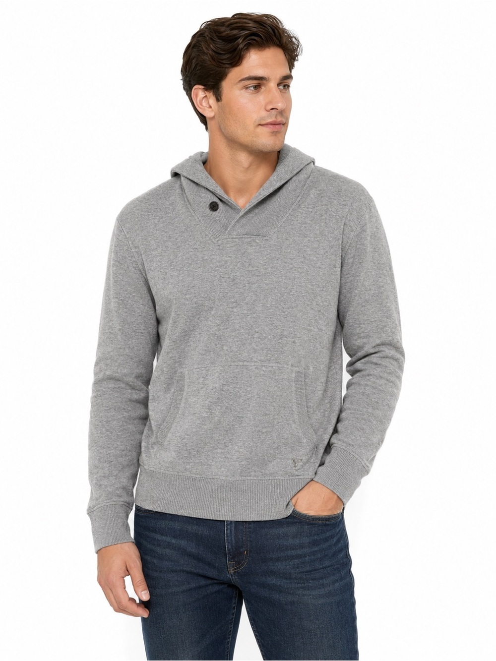 American Eagle Mens Large Gray Shawl Collar Hoodie Cotton Pullover Sweater